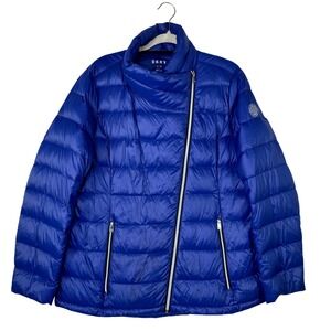 DKNY Womens Royal Blue Asymmetrical Zip Puffer Jacket XL Funnel Neck Quilted